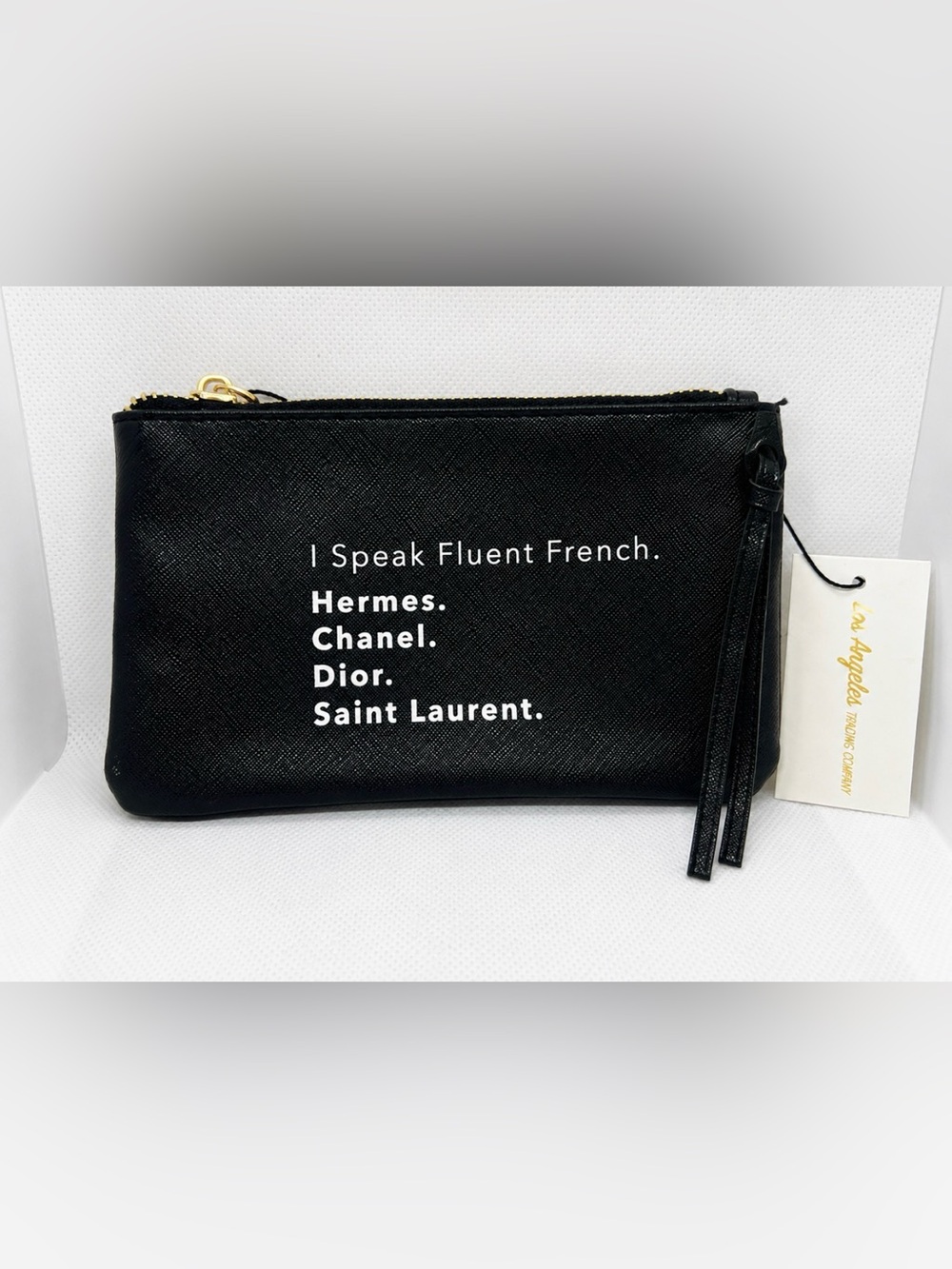 NWT - ‘I Speak Fluent French Designer Pouch” Black Wristlet